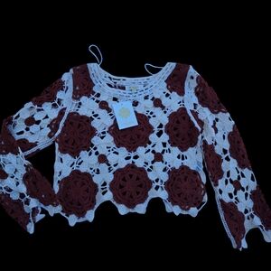 Nwt Rebellion Again Crocheted Boho cropped Top long sleeves open design sz L